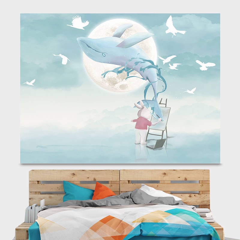 Tấm Vải Treo Tường Họa Tiết Hoạt Hình Cá Voi / Trái Tim / Ngôi Sao Trang Trí Phòng Ngủ Cho Bé Gái