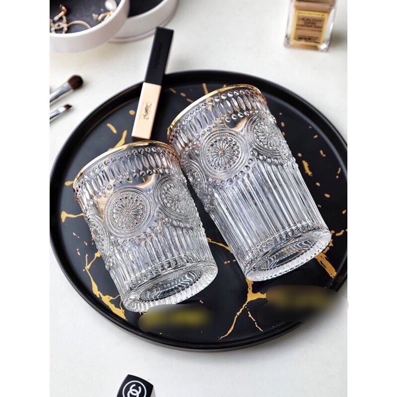 Bộ 6 cốc thuỷ tinh chịu nhiệt viền vàng khắc nổi hoa hướng dương