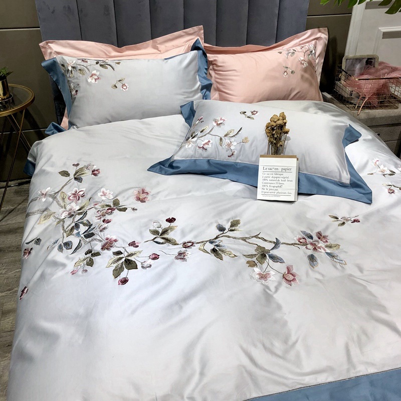 GC799 Bộ chăn ga gối thêu chất cotton lụa cao cấp hàng nhập