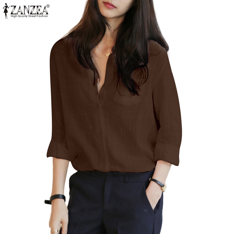Áo sơ mi Zanzea tay dài cổ tròn màu trơn thời trang dành cho nữ
