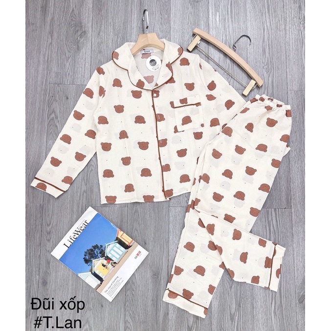 Bộ pijama chất đũi xốp tay dài quần dài, Bộ mặc nhà nữ thu đông nhiều hoạ tiết
