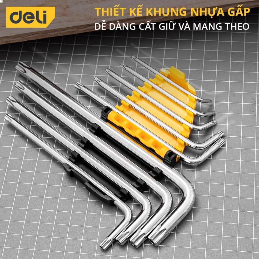 Bộ Lục Giác 9 Cây Đầu Hoa Thị Chữ L T10-T50 Deli Chính Hãng - Chất Liệu Thép Siểu Bền - Chuyên Dụng Sửa Chữa - DL3091 .