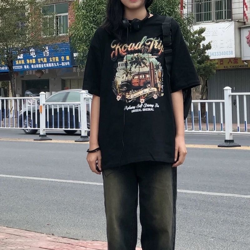 Áo Thun Đen Dáng Rộng In Chữ Phong Cách Retro Thời Trang Mùa Hè Cho Nam Và Nữ