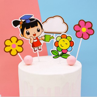 Set Cắm giấy Em Bé Tưới Hoa trang trí bánh, Set Cắm giấy em bé hoa