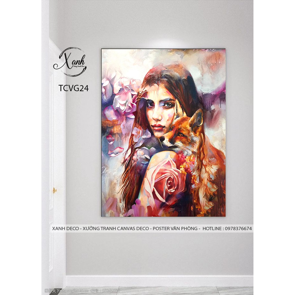 Tranh canvas cô gái 40x60cm gồm khung trang trí hiện đại