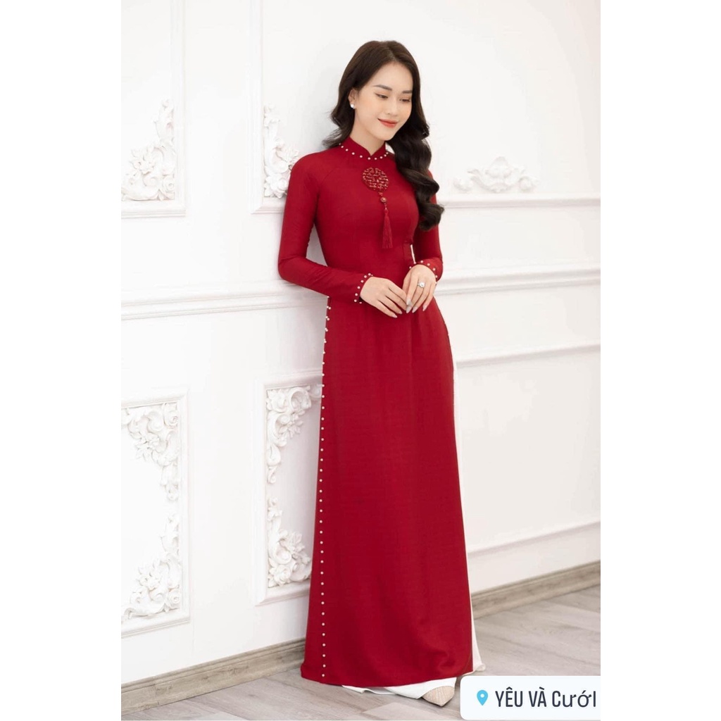 Áo Dài Truyền Thống- Áo Dài Dâu Lụa Vân Gỗ 2 Tà Cao Cấp Kết Thủ Công Chữ Hỷ