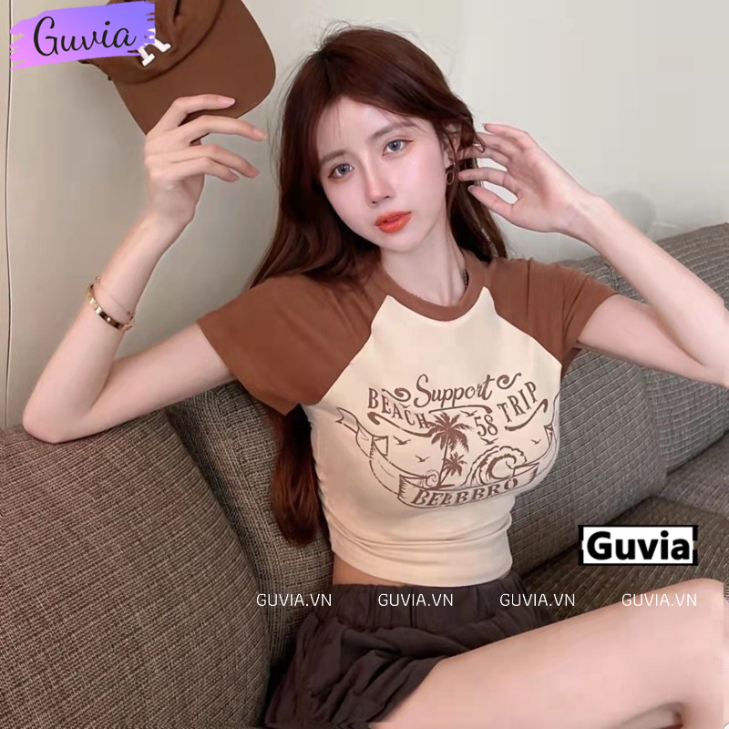 Áo Croptop Ôm Body Nữ BCO Cổ Tròn Tay Ngắn, Áo Thun Croptop Kiểu Sexy In Họa Tiết GUVIA CR62