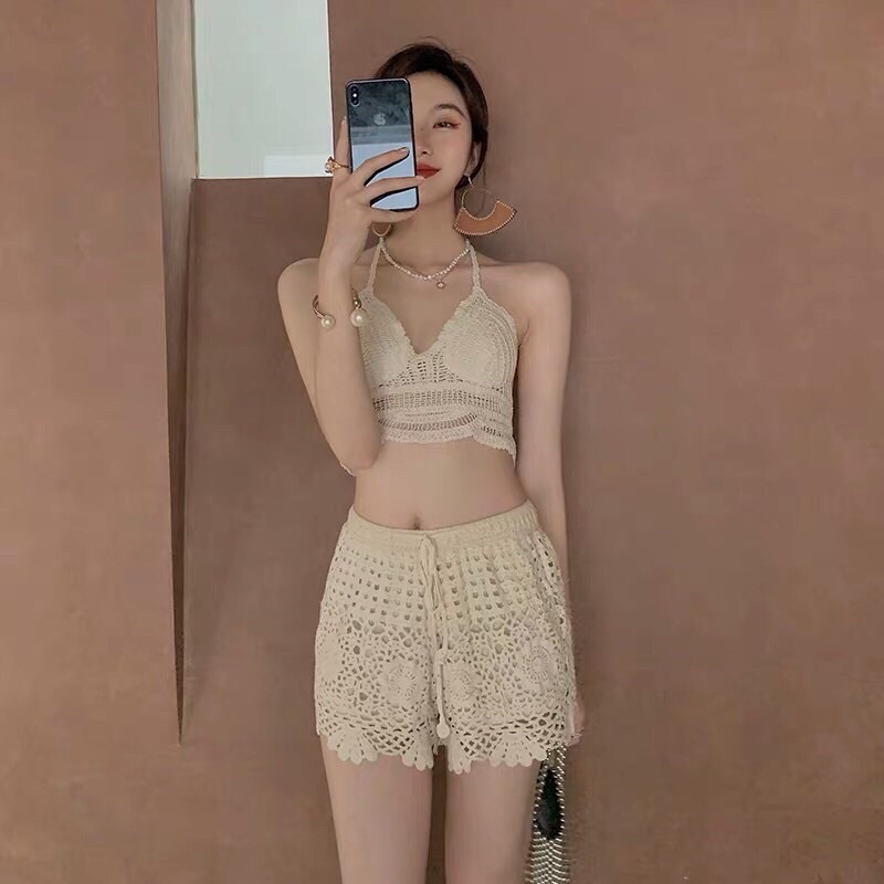 36-Set bikini ren 2 món bra gấu sóng-quần ren hoa to đi biển siêu đẹp