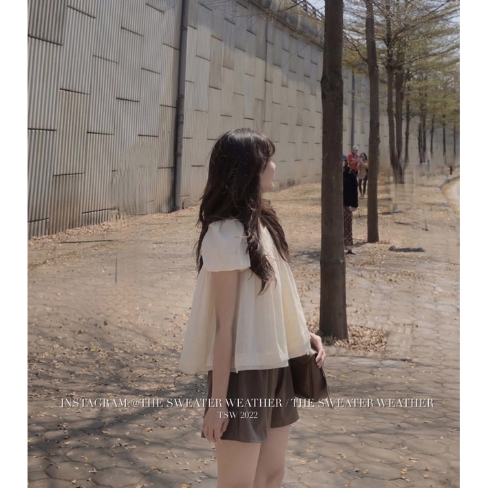 Set áo babydoll nơ sau be sữa mix quần nâu ulzzang