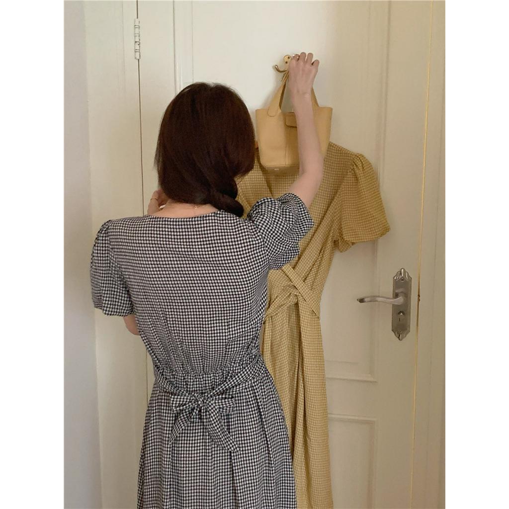 Đầm Ngắn Tay Cổ Chữ V Họa Tiết Ca Rô Ca Rô Thời Trang Pháp 52627