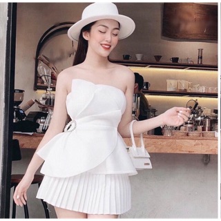 Set áo phi nơ cúp ngực eo khoen+ váy dập ly xoè