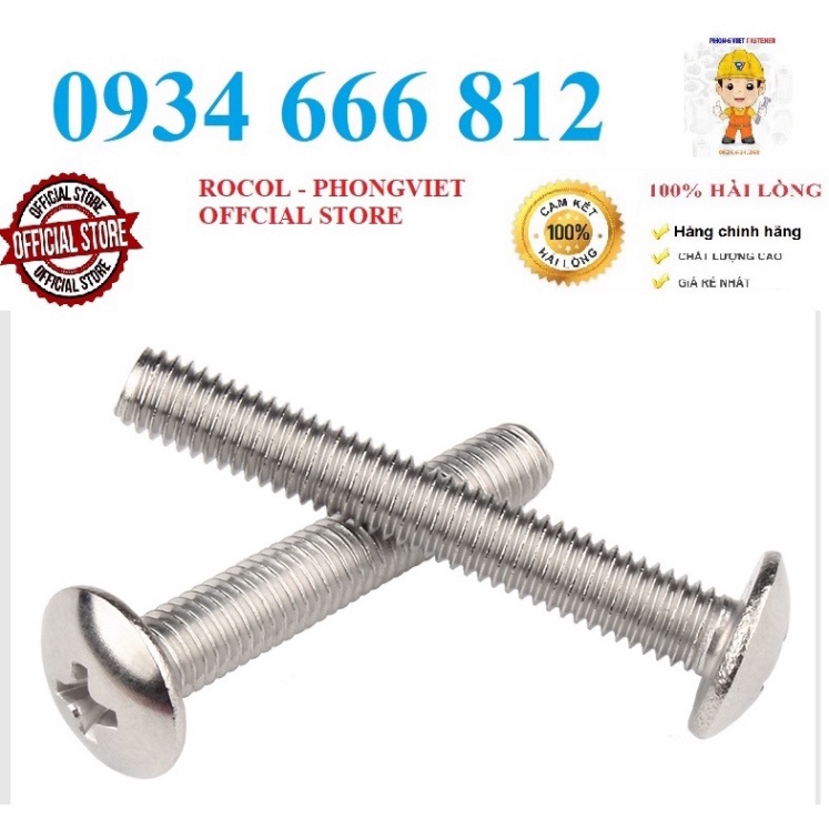 Combo 50c vít pake đầu dù thân bulong INOX 304 M4, M4X8, M4X10, M4X12,M4x16, M4x20,M4x25