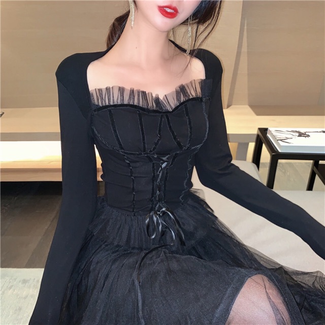 🖤 Áo cổ vuông đan dây mix chân váy xoè 🖤 (+2% phí shopee thu )