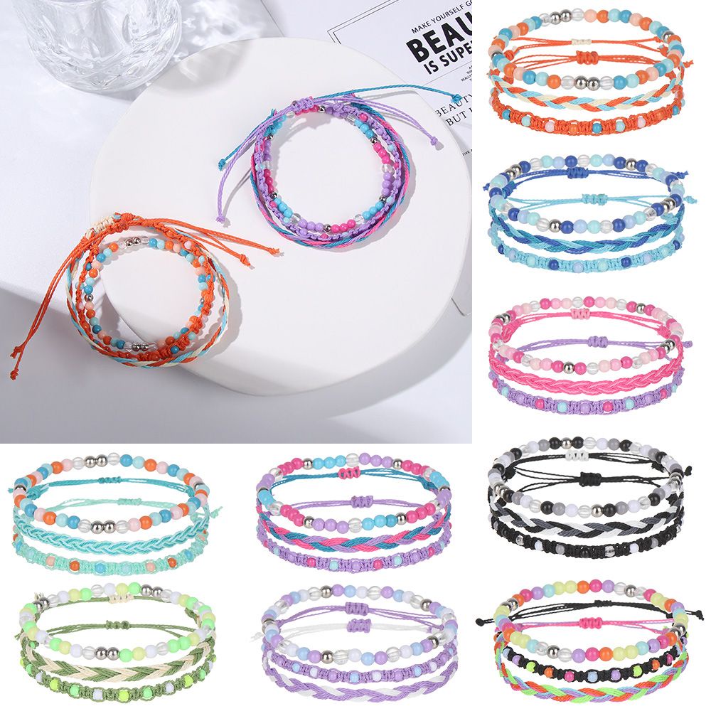 3Pcs/set Beads Bracelet Muti-layer Hand Woven Wax Thread Hand Rope Bohemian Colorful Jewelry