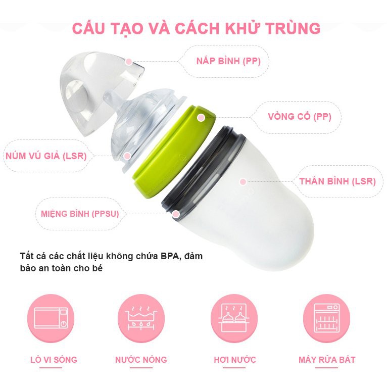 Bình Sữa Silicon Kichilachi Cao Cấp, Núm Vú Silicon Siêu Mềm, Chống Sặc Và chống Đầy Hơi Cho Bé 150ml/250ML!