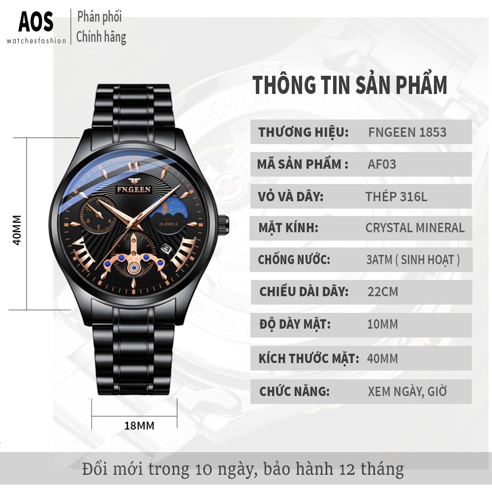Đồng hồ nam chính hãng FNGEEN dây thép không rỉ, lên tay cực đẹp, giả cơ độc đáo (Tặng tháo mắc, vòng tỳ hưu, Mã: AF03) | BigBuy360 - bigbuy360.vn