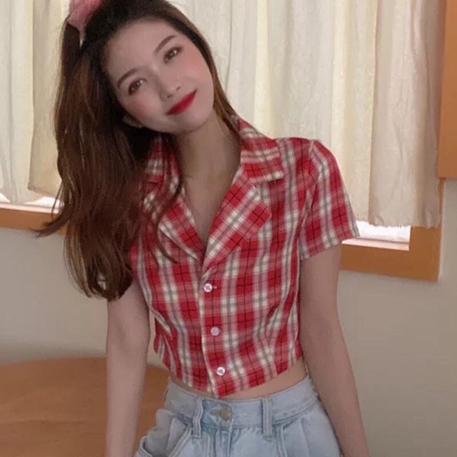 [Mã FASHIONT4WA giảm 10K đơn 50K] Áo carô cổ vét croptop siêu xinh