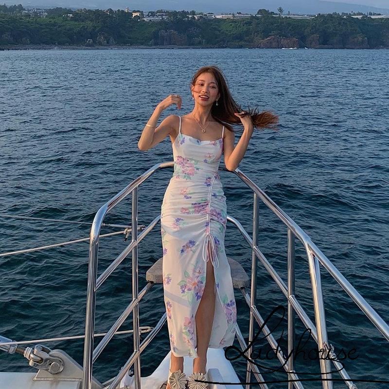 Ldd-đầm Dài Hai Dây Rút Eo Cao Xẻ Tà Cao In Họa Tiết Hoa Cho Nữ