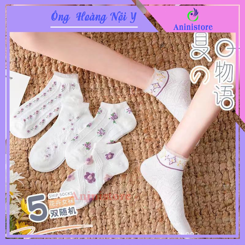Tất cổ ngắn, vớ cổ ngắn nữ VIỀN PHỐI LƯỚI BÔNG HOA MÀU TÍM phong cách HÀN QUỐC (TP CN 016 – Aninistore)