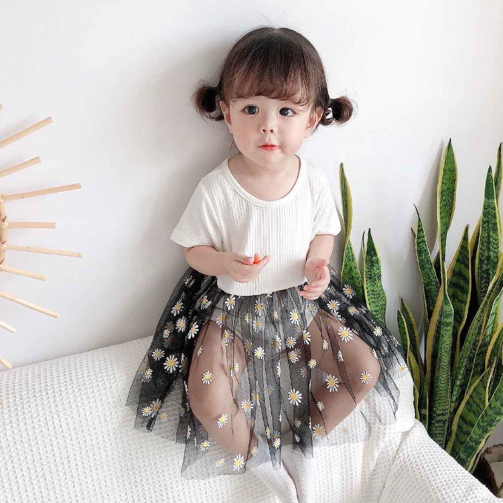 Jumpsuit cotton tutu lưới hoạ tiết hoa cúc công chúa tay ngắn cho bé gái