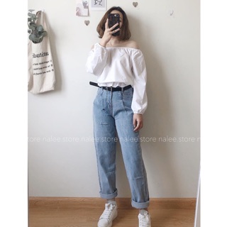 quần baggy bò trơn rạch đùi