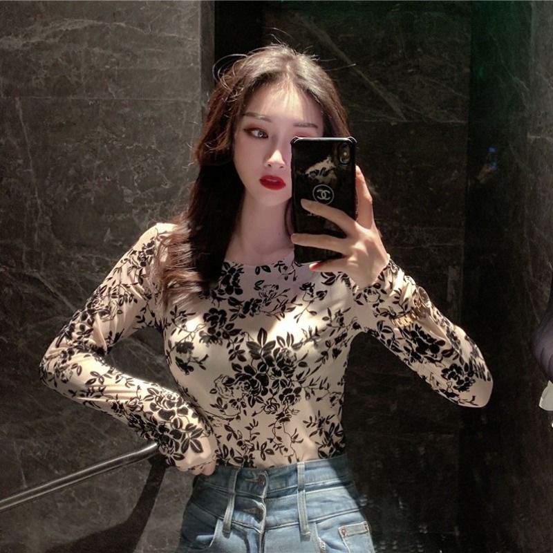 Áo Ren Lưới Mỏng Tay Dài Cổ Tròn Màu Đen Quyến Rũ Phong Cách Phương Tây Dành Cho Nữ