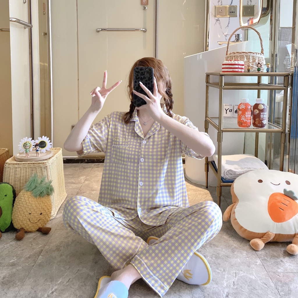 Pyjama tay ngắn quần dài cho các bạn gái mặc nhà, chất liệu thô mềm thoải mái | Shini Store