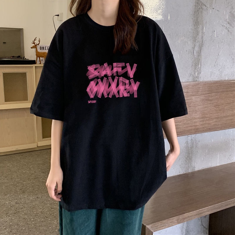 Áo Thun Cotton Ngắn Tay Dáng Rộng Màu Đen Thời Trang Mùa Hè Cho Nữ