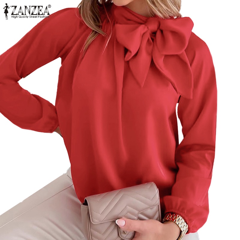 Áo kiểu ZANZEA cổ tròn tay phồng màu trơn thanh lịch phong cách Châu Âu cho nữ