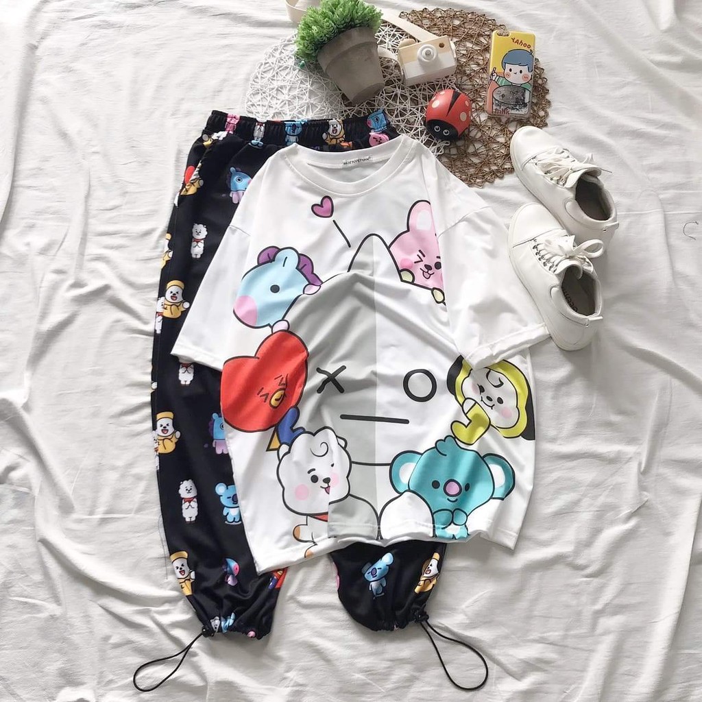 Set áo tay lỡ BT21 BTS + quần dài cartoon unisex