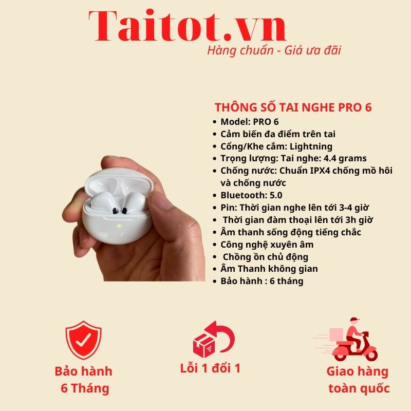 Tai nghe không dây bluetooth Pro 6 chuẩn kết nối 5.0 - Taitot