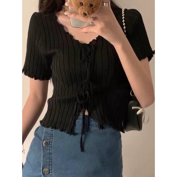 Áo len hè dây nơ vải len tăm phong cách ulzzang teen hàn quốc tôn body hot trend tiktok năng động