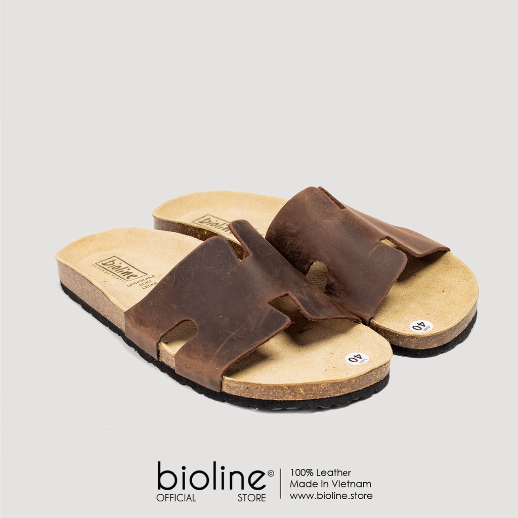 [DA BÒ THẬT] D04-Dép da chữ H Birken Bioline Unisex (Đế trấu)