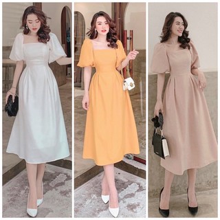 Đầm váy dự tiệc cổ vuông tay bồng 4 màu (kèm hình thật)