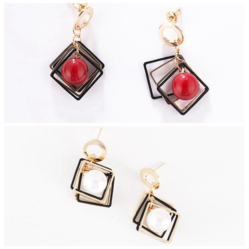 Hoa tai dáng dài hình vuông gắn hạt ngọc trai nhân tạo màu trắng/đỏ xinh xắn cho nữ