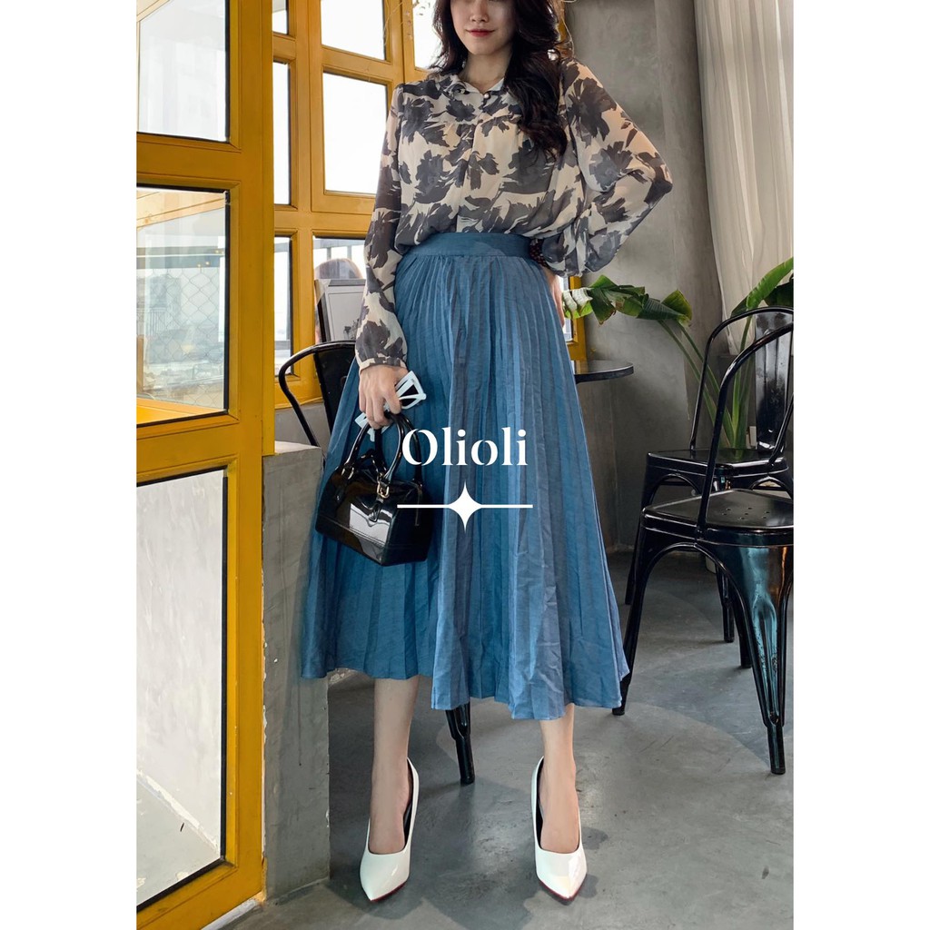 Chân váy xếp li Olioli Fashion (Vải Jean, dài ngang gối)