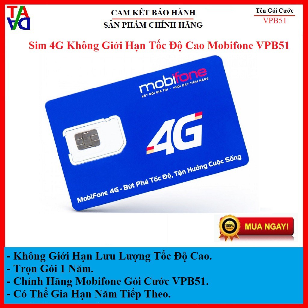 Sim 4G Mobifone VPB51 Max dung lượng và DTHN mỗi ngày 1GB hết chuyển tốc độ 5mbp/s