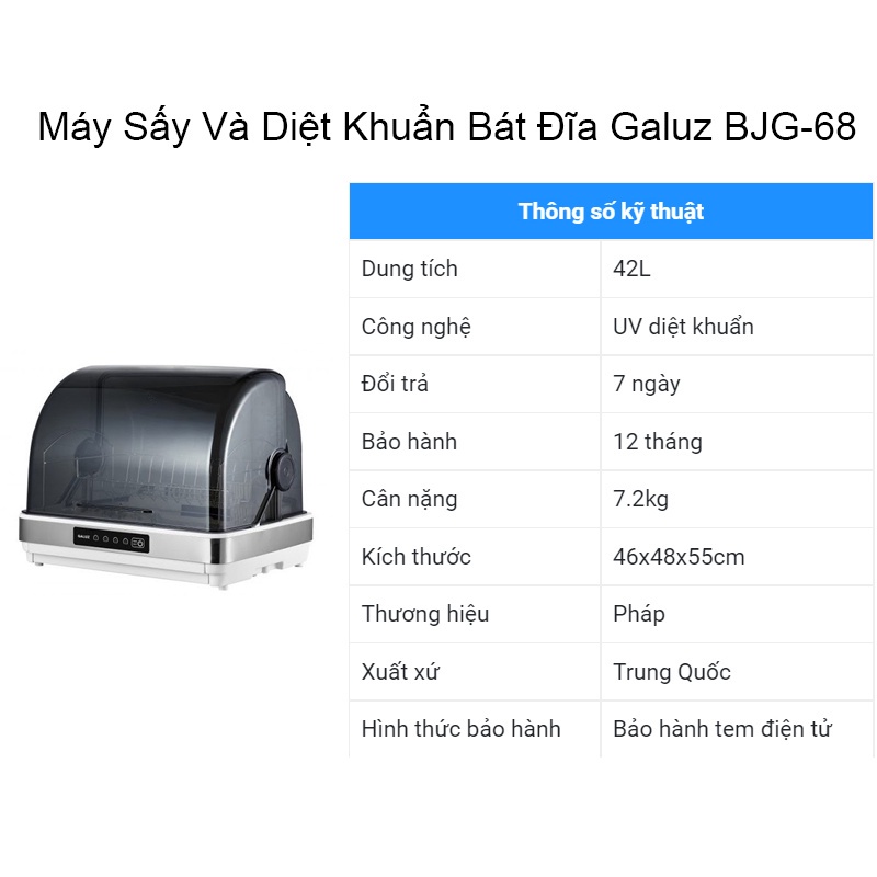 [SẴN HÀNG] Máy Sấy Bát Đũa , Khử trùng bình sữa, đũa, dao, thớt Galuz dung tích 42L BJG-68 BH 18 tháng chính hãng