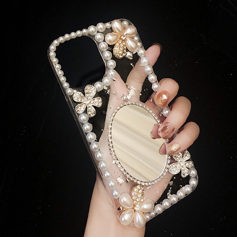 Dành Cho iPhone 13 Pro Max Ốp Lưng Kim Cương Lấp Lánh Kim Cương Giả Ngọc Trai Hoa Gương Trang Điểm Cho iPhone 12 11 Pro Max X XR XS 7 Plus