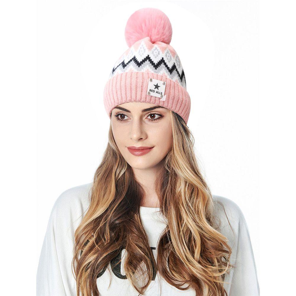 Mũ Beanie Dệt Kim Phối Khăn Choàng Cổ Đính Bóng Lông Thời Trang Ấm Áp