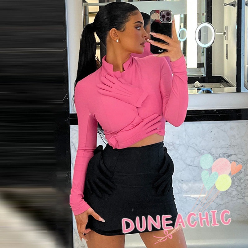 DUNEA Set đồ gồm áo thun tay dài phối chân váy lưng cao thời trang xinh xắn cho nữ