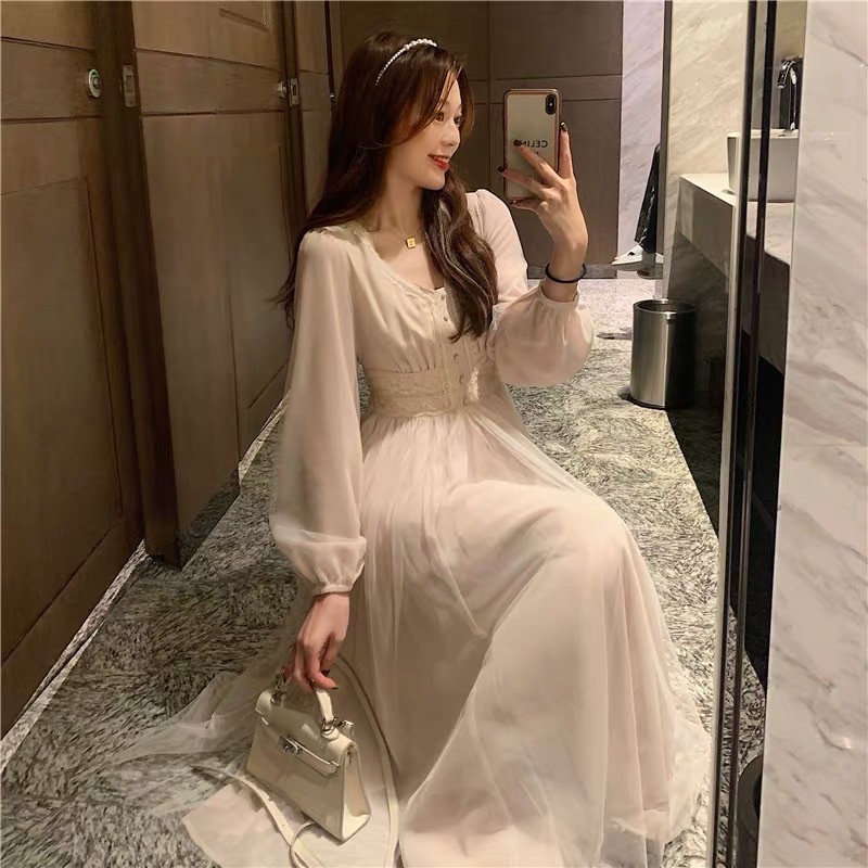 SẴN🎀Đầm công chúa ulzzang voan kem 3lớp cổ tích xoè cổ ngọc/Váy tiểu thư maxi dài bánh bèo du lịch kỉ yếu prom xinh