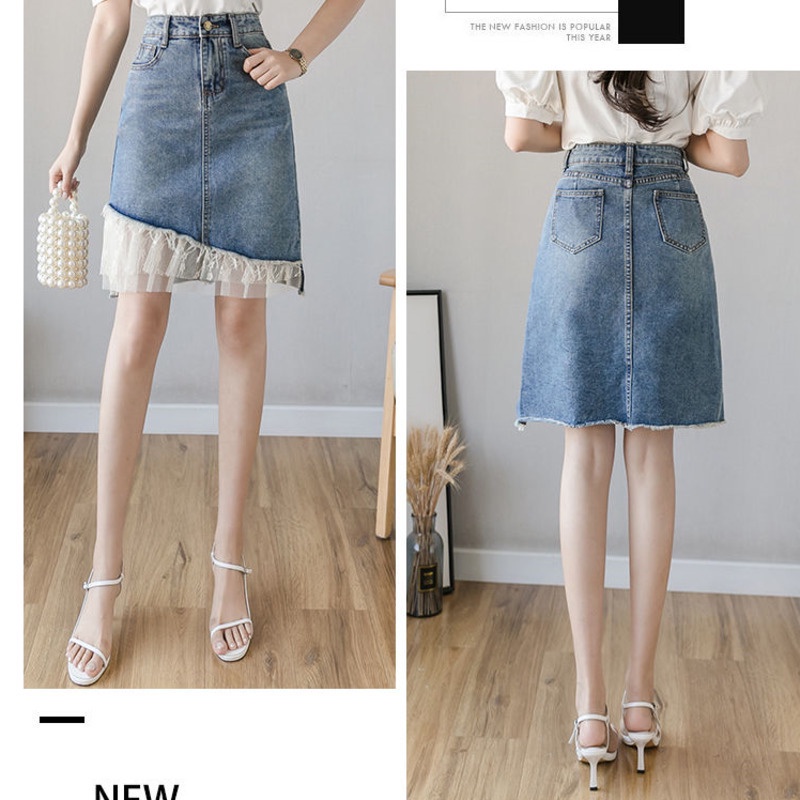 Chân Váy Denim Chữ a Lưng Cao Phối Ren Phong Cách Hàn Quốc Dễ Phối Đồ Thời Trang Cho Nữ