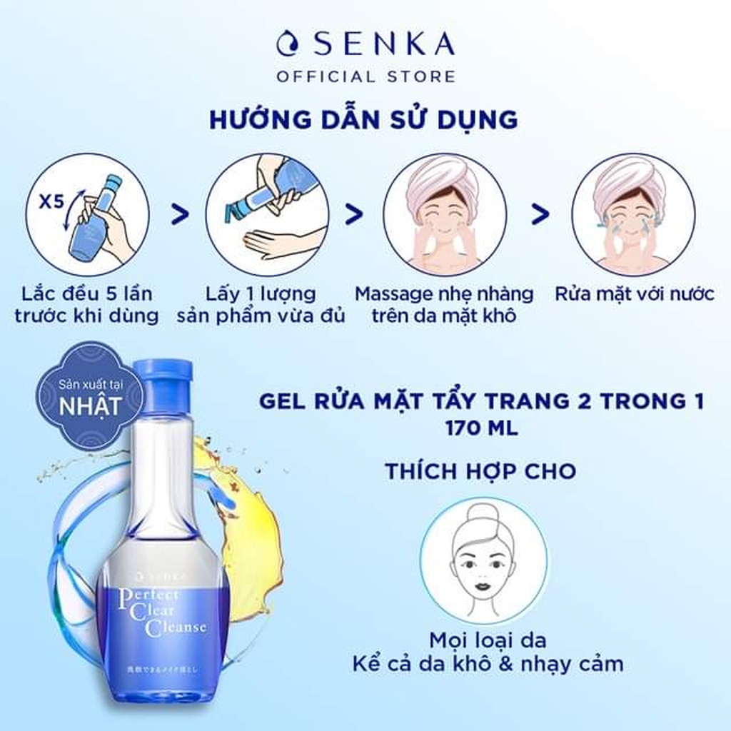 [DATE 18/08/2023] Gel rửa mặt và tẩy trang 2 trong 1 Senka Perfect Clear Cleanse fullsize 170ml (Nhật Bản)