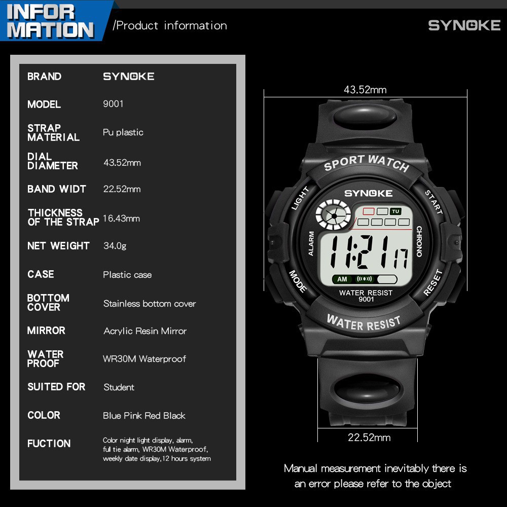 Đồng hồ thể thao trẻ em Synoke 9001, đồng hồ dây cao su cao cấp [FULL 3 MÀU]