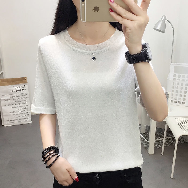 Women's loose bright silk T-shirt base shirt 2021 summer new Korean style ice silk knitted short-sleeved round neck top ins