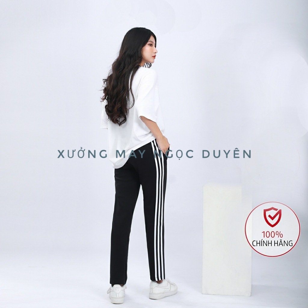 Quần thể thao nữ đen dài 3 viền sọc trắng vải Umi ống baggy bo gấu - Quần jogger thun nỉ có túi dây rút đi học thể dục