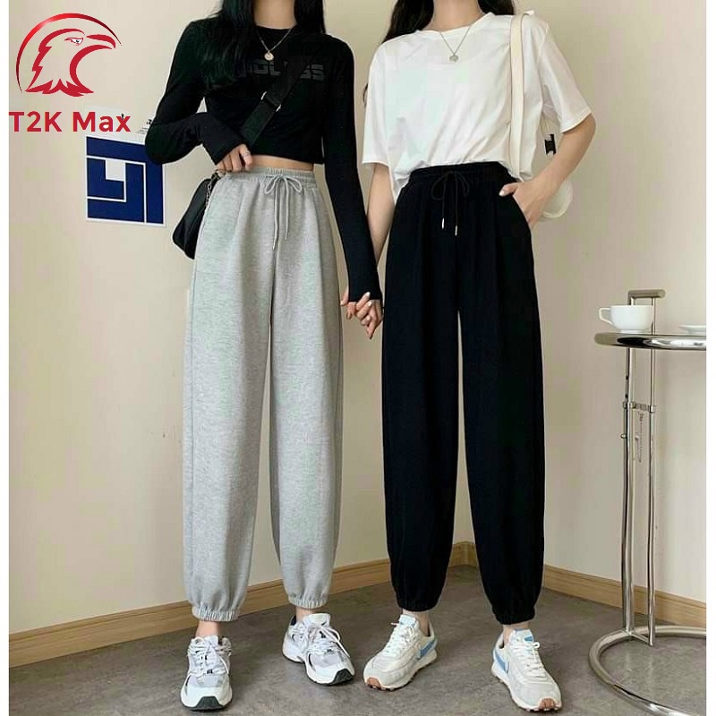 Quần nỉ nữ ống boom unisex ống rộng bo gấu cạp chun Jogger mặc ở nhà đi ngủ ulzzang - T2K Max