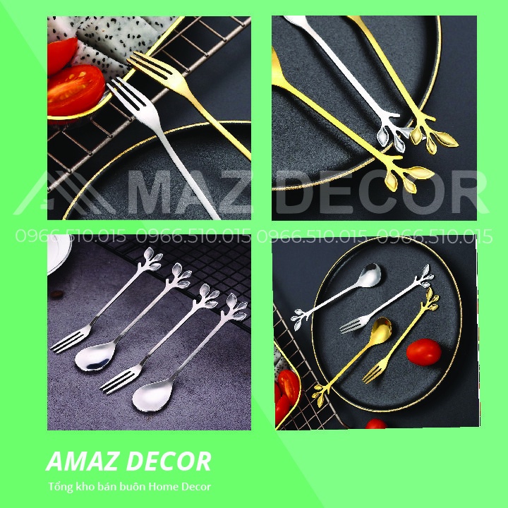 SALE GIÁ XƯỞNG Thìa nĩa dĩa ăn decor hình lá rĩa lá phong cách Vintage hoàng gia tân cổ điển tạo hình 3 lá