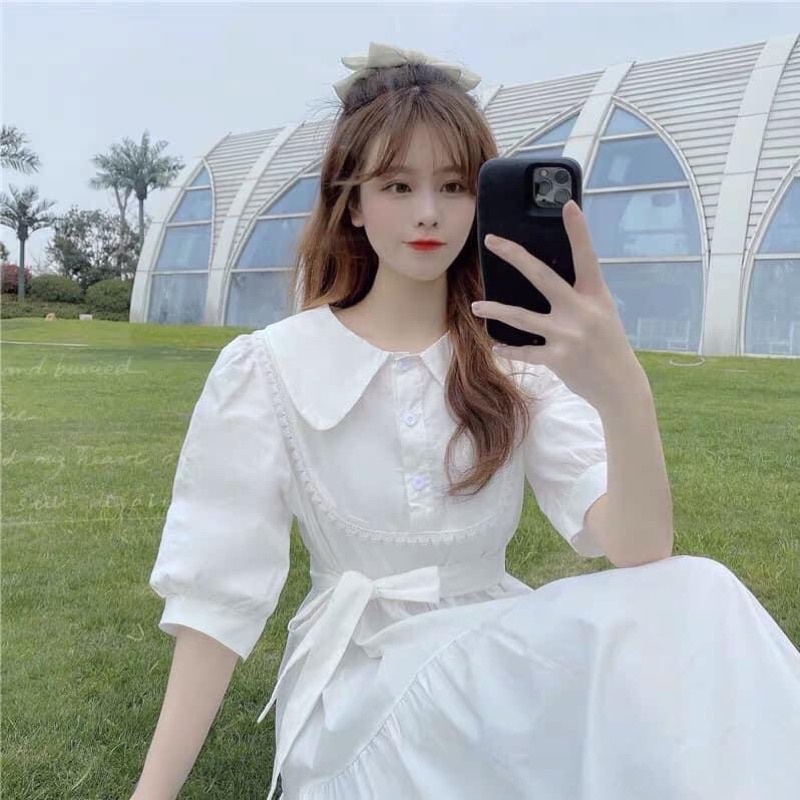 Váy Ulzzang 🌸 Váy tiểu thư cổ bẻ thắt dây eo dành cho nữ phong cách Hàn Quốc chất đũi mịn bánh bèo | BigBuy360 - bigbuy360.vn